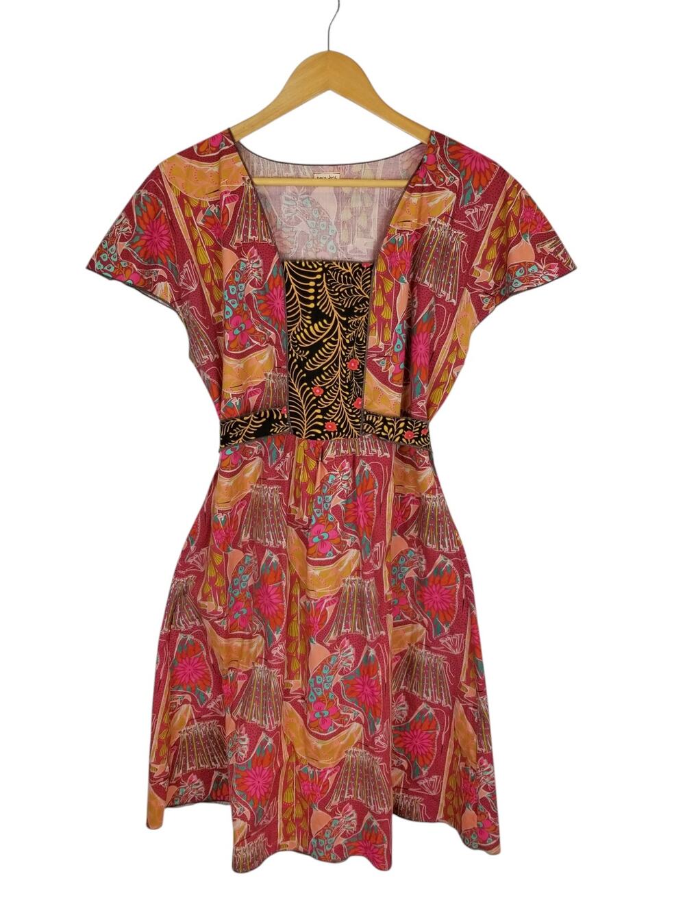 Kara Line Women's Cotton Tie Belt Multicolor Print Knee Length Dress Size 10